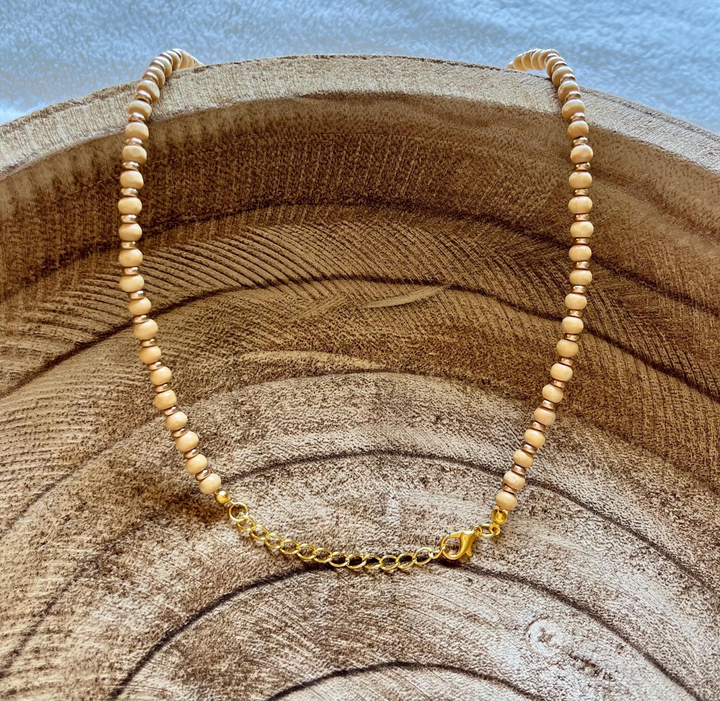 Coastal Peace Wooden Beaded Charm Necklace | 18k Gold Lobster Clasp Closure