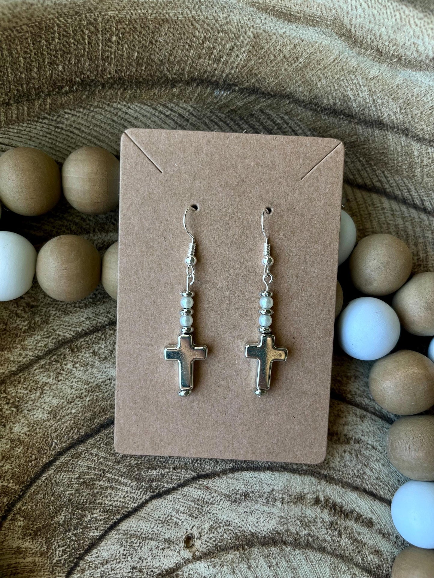 Faith and Grace Drop Earrings | Silver Cross with Pearls- 1.5”