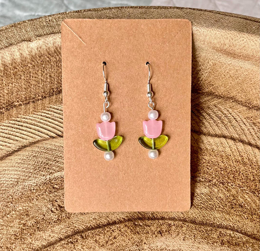 Pink Glass Tulip Drop Earrings | Gold or Silver Finish – 1.5” Spring Garden Charm with faux pearls