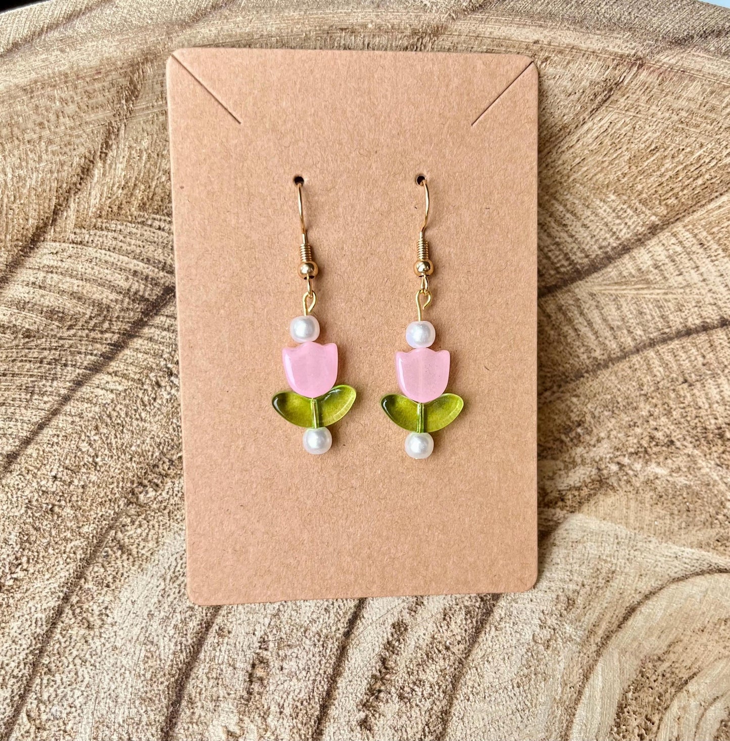 Pink Glass Tulip Drop Earrings | Gold or Silver Finish – 1.5” Spring Garden Charm with faux pearls