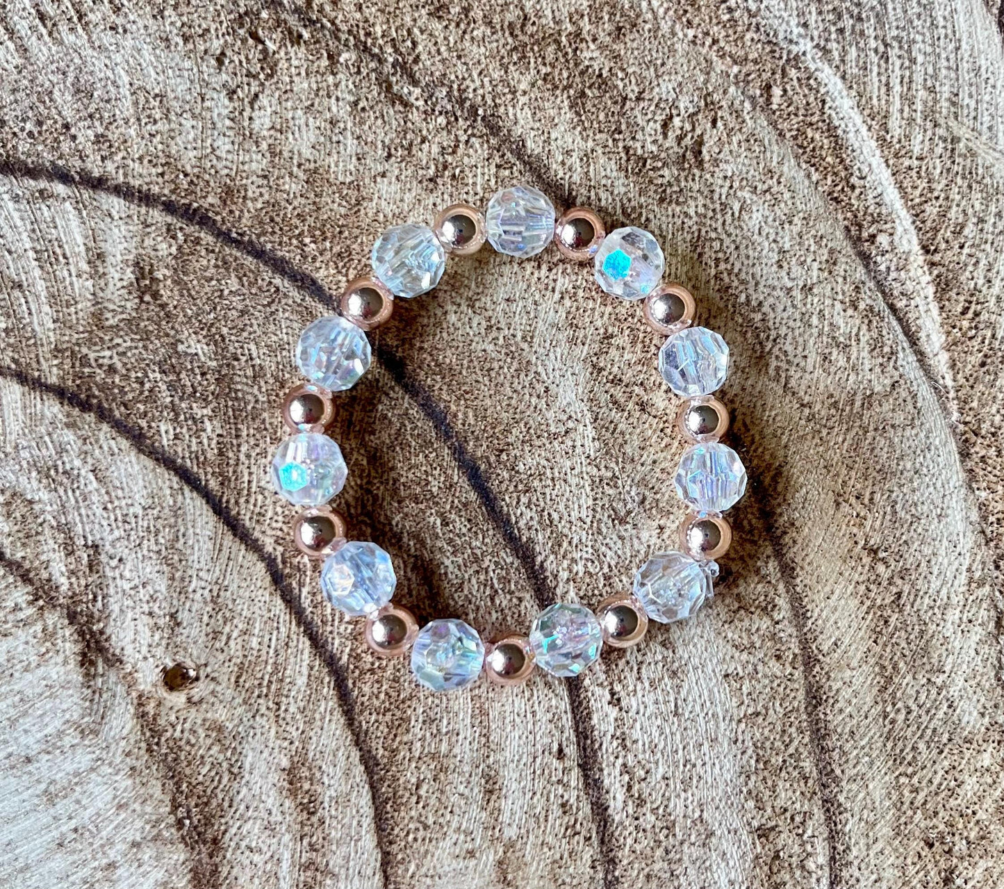 Kids Crystal Stretch Bracelet – Rose Gold Spacer Beads – 5.5” Diameter