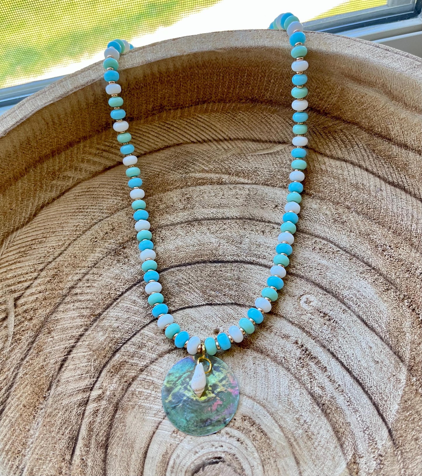 Ocean Mist – Glass Rondelle Turquoise Beaded Necklace with Seashell Charms