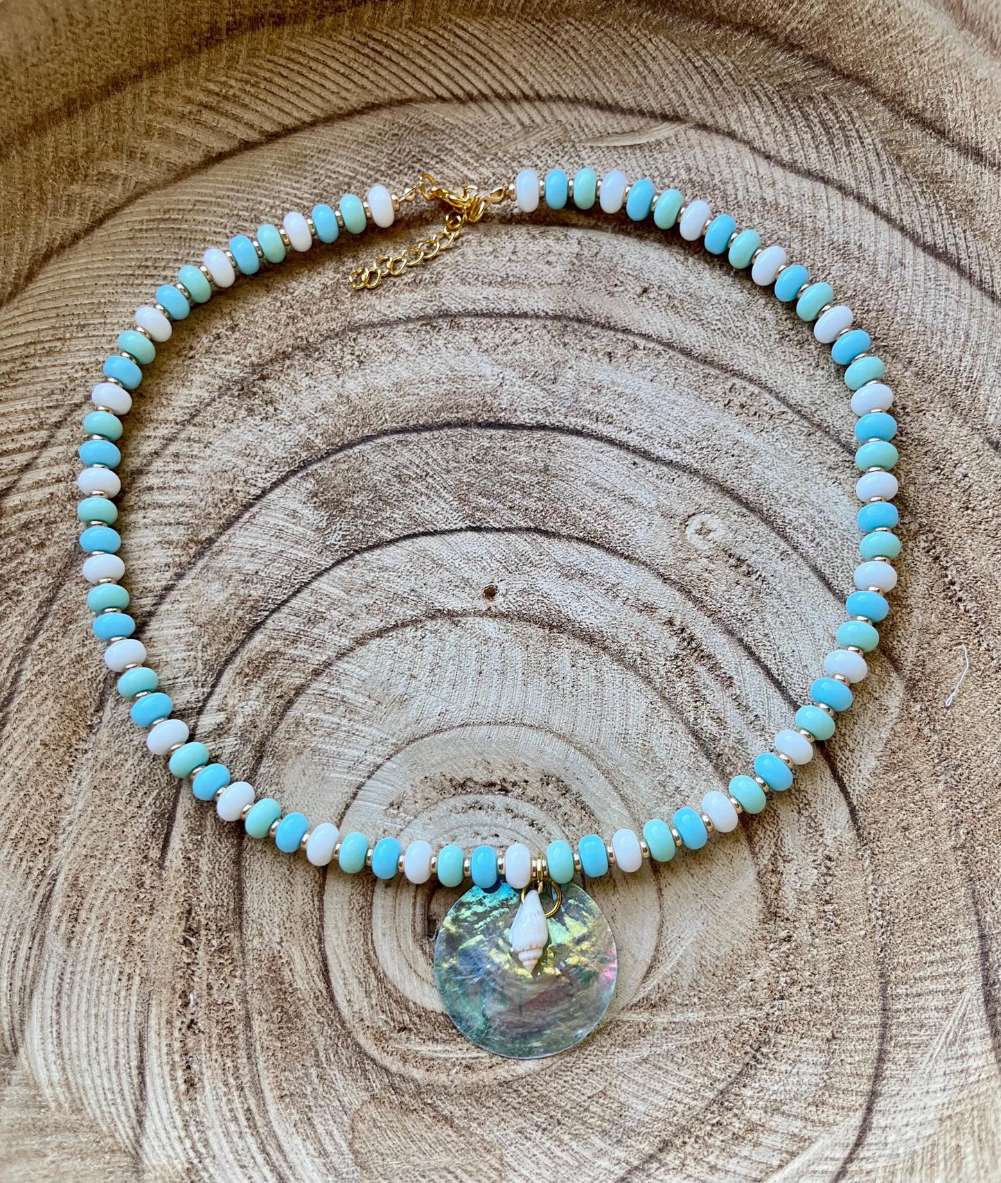 Ocean Mist – Glass Rondelle Turquoise Beaded Necklace with Seashell Charms