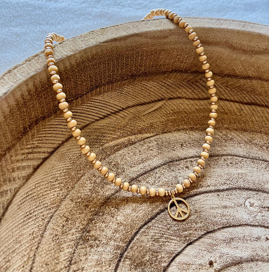 Coastal Peace Wooden Beaded Charm Necklace | 18k Gold Lobster Clasp Closure