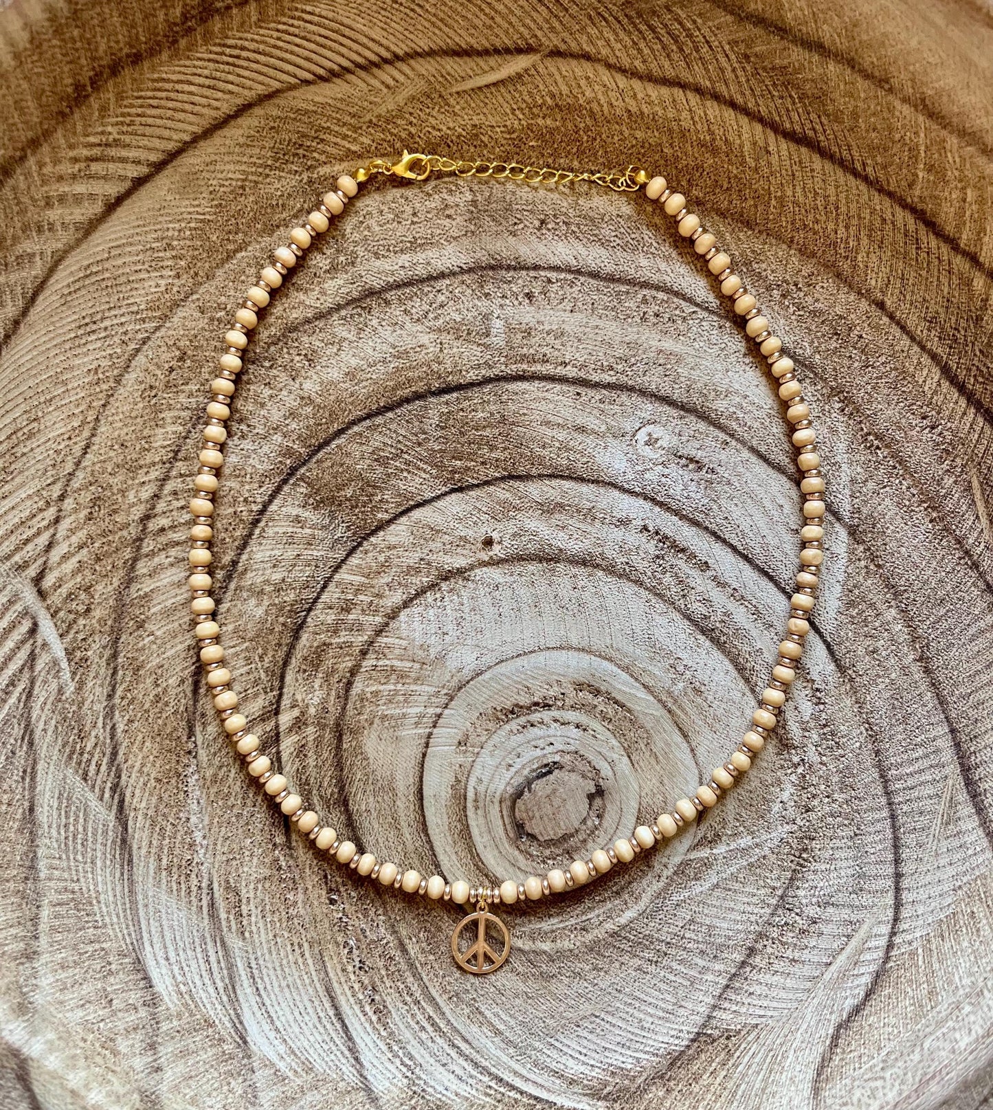 Coastal Peace Wooden Beaded Charm Necklace | 18k Gold Lobster Clasp Closure