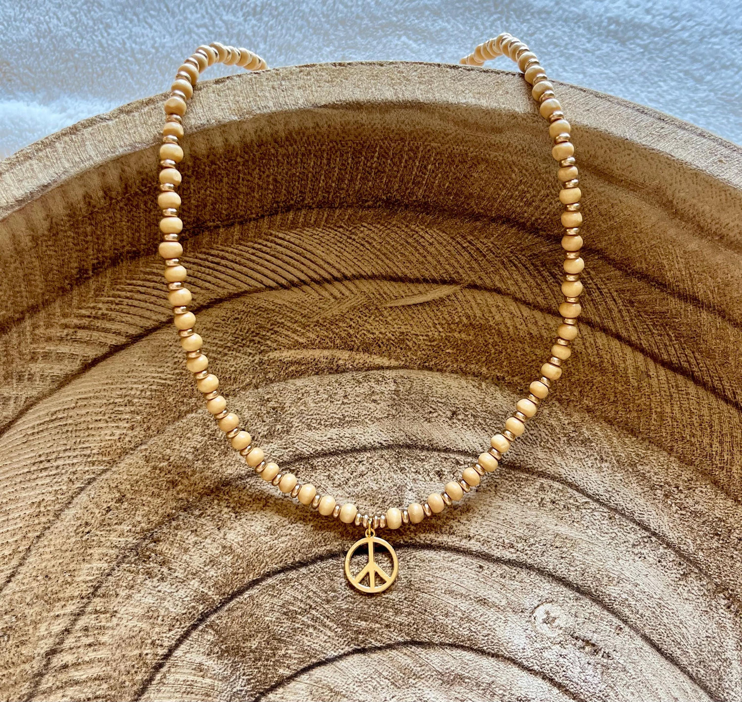 Coastal Peace Wooden Beaded Charm Necklace | 18k Gold Lobster Clasp Closure