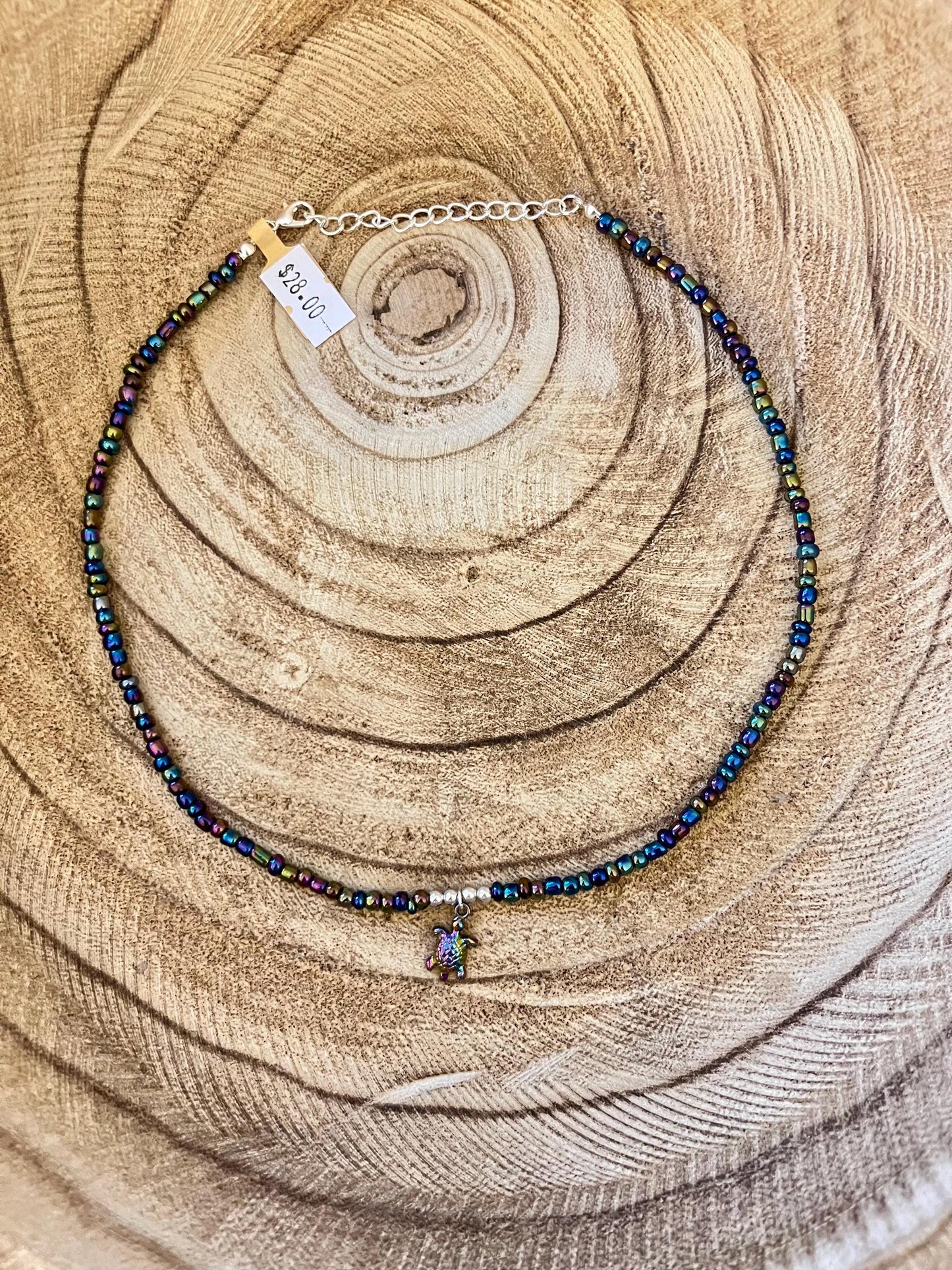 Irridescent Turtle | Charm Seed Bead Necklace with Adjustable Clasp Closure | 18k Gold or Sterling Silver options