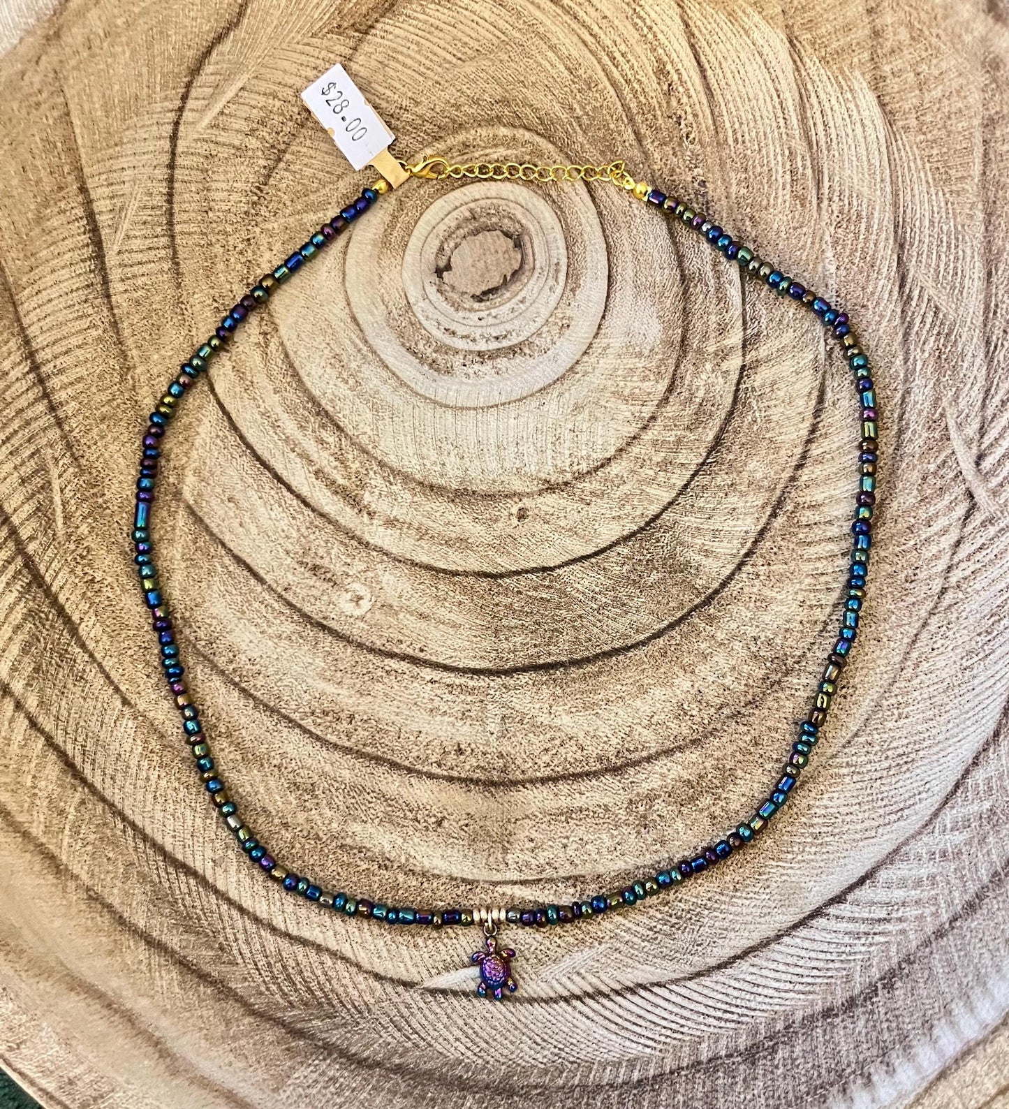 Irridescent Turtle | Charm Seed Bead Necklace with Adjustable Clasp Closure | 18k Gold or Sterling Silver options