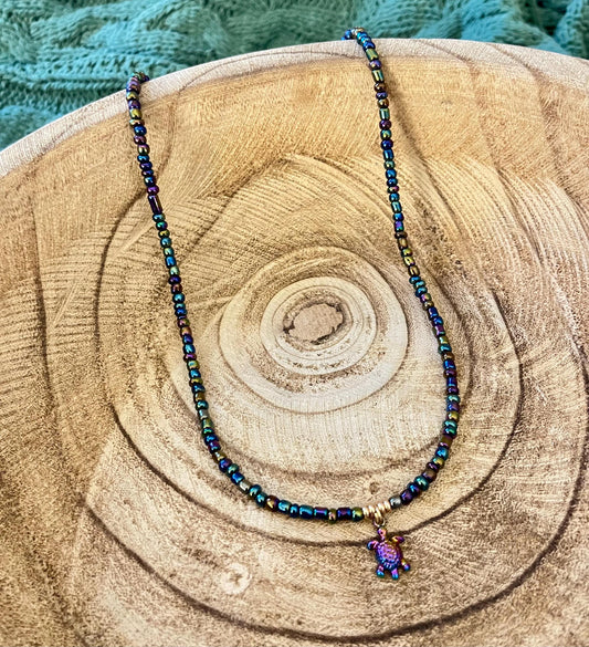 Irridescent Turtle | Charm Seed Bead Necklace with Adjustable Clasp Closure | 18k Gold or Sterling Silver options