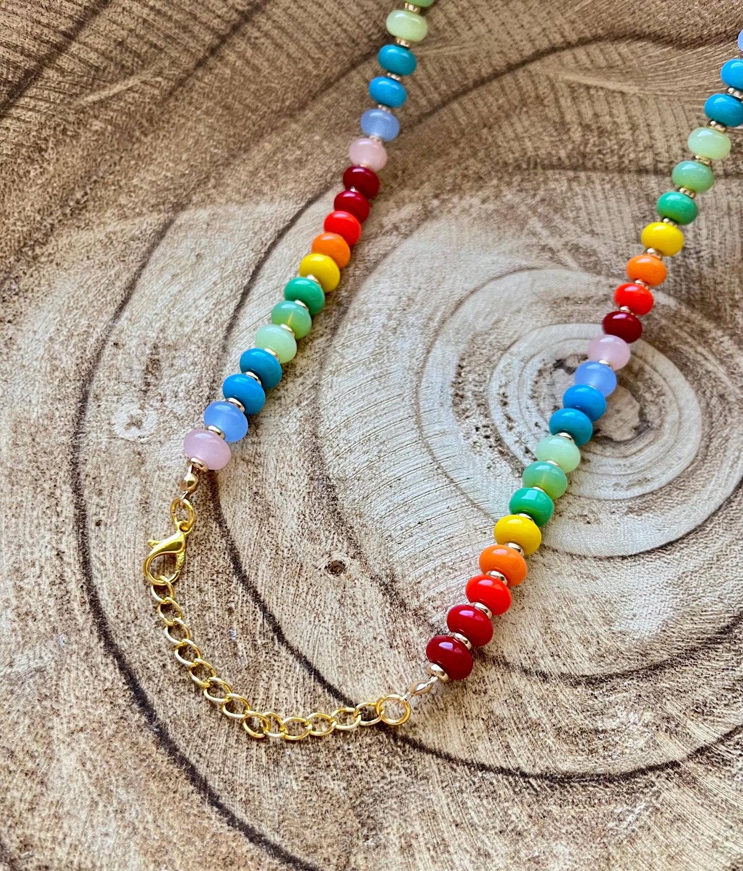 Candy Drop – Rainbow Necklace | Glass Rondelle & 18K Gold Plated Beaded Necklace with extender and clasp closure