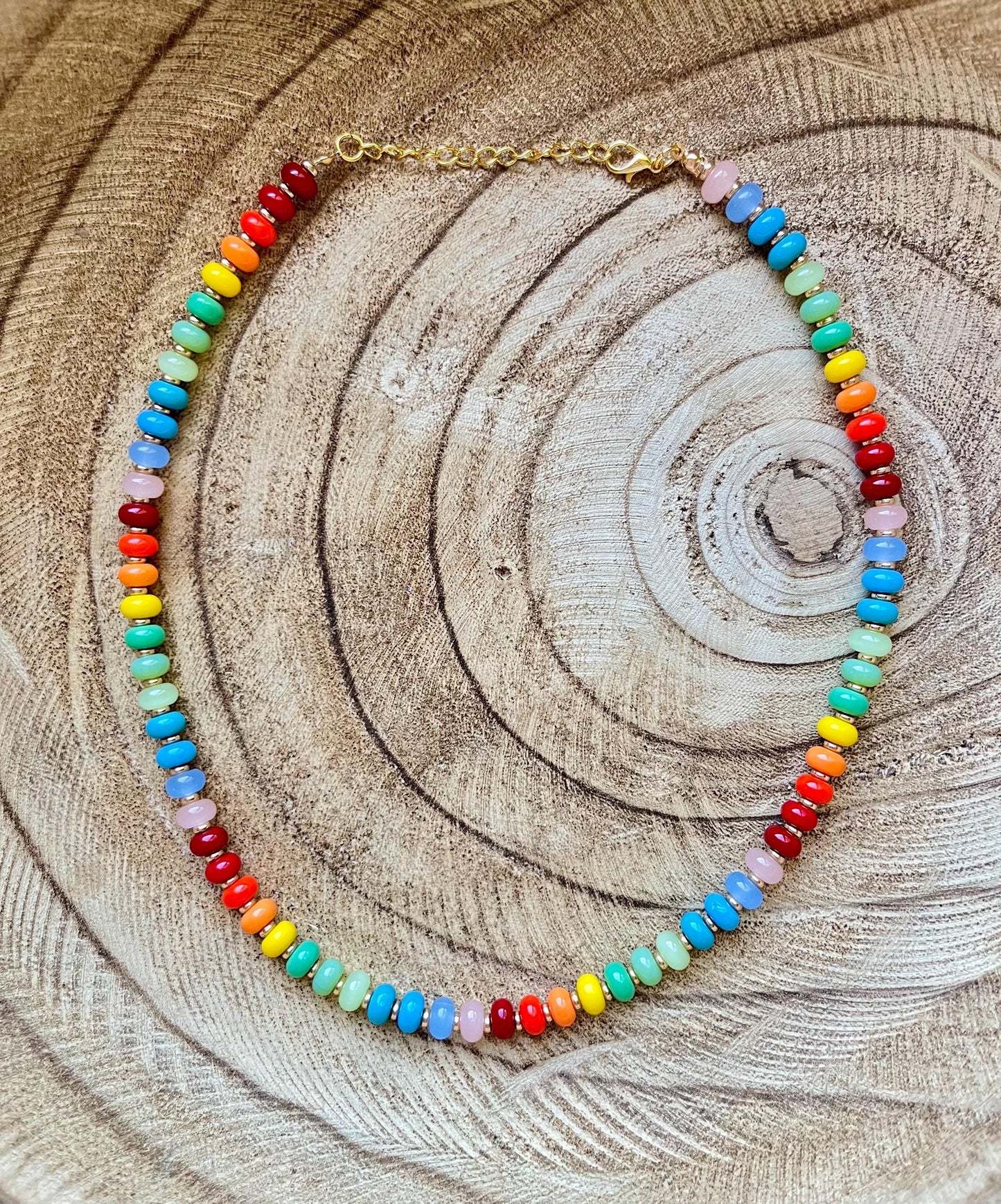 Candy Drop – Rainbow Necklace | Glass Rondelle & 18K Gold Plated Beaded Necklace with extender and clasp closure