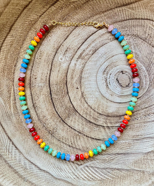 Candy Drop – Rainbow Necklace | Glass Rondelle & 18K Gold Plated Beaded Necklace with extender and clasp closure