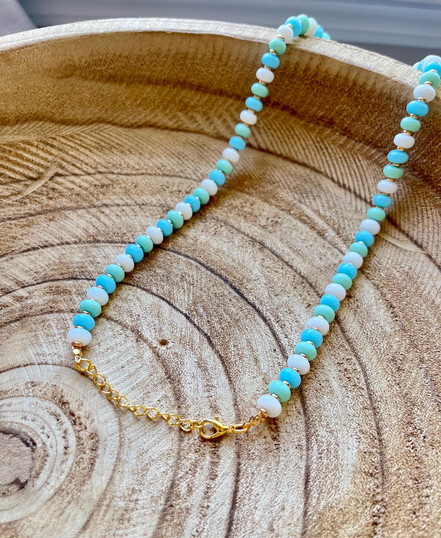 Ocean Mist – Glass Rondelle Turquoise Beaded Necklace with Seashell Charms