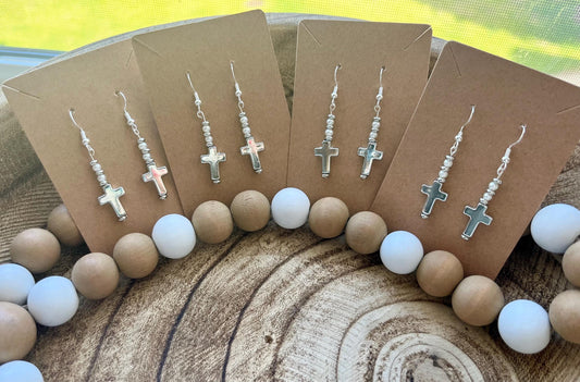Faith and Grace Drop Earrings | Silver Cross with Pearls- 1.5”