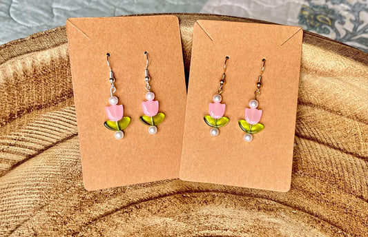 Pink Glass Tulip Drop Earrings | Gold or Silver Finish – 1.5” Spring Garden Charm with faux pearls