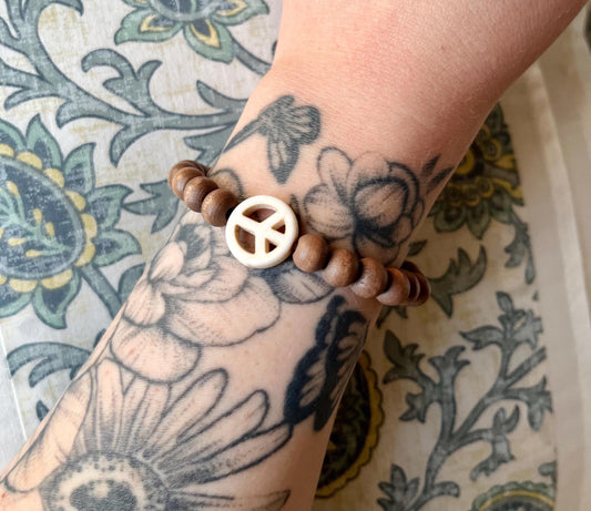 Wooden Beaded Peace Stretch Bracelet