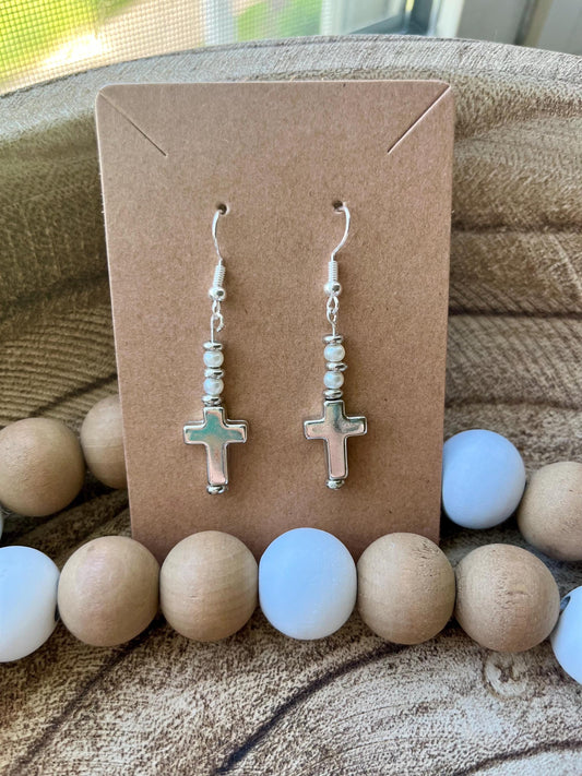 Faith and Grace Drop Earrings | Silver Cross with Pearls- 1.5”