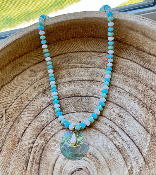Ocean Mist – Glass Rondelle Turquoise Beaded Necklace with Seashell Charms