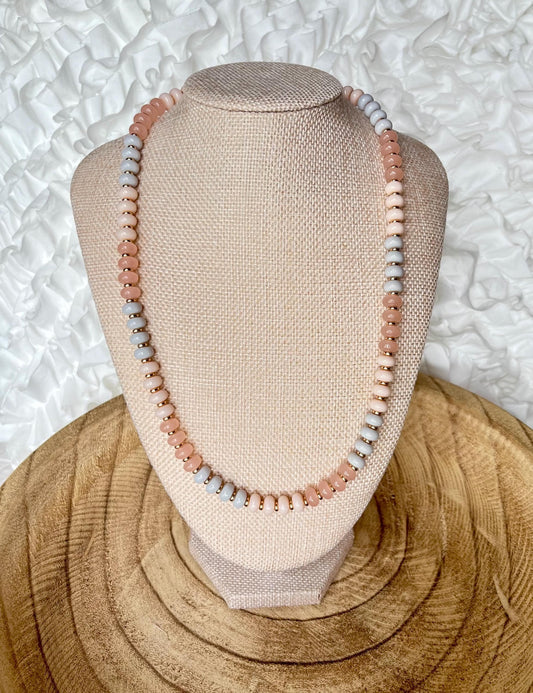 Neutral Elegance – Glass Rondelle and  Gold Beaded Necklace | 18k Gold Clasp and extender