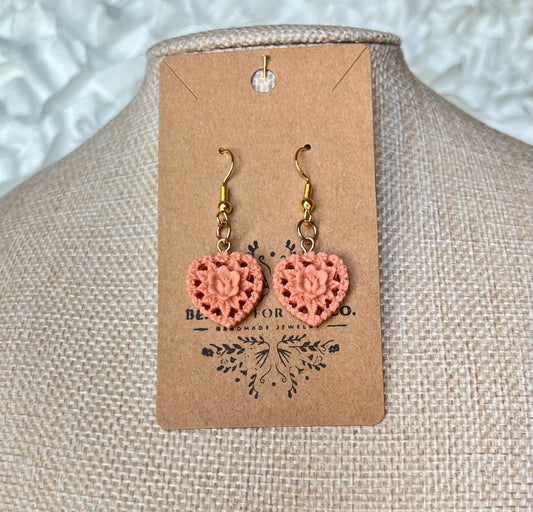 Rosette Romance – Handmade Clay Rosette Heart Earrings