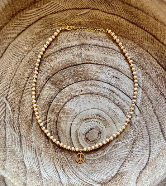 Coastal Peace Wooden Beaded Charm Necklace | 18k Gold Lobster Clasp Closure