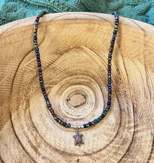 Irridescent Turtle | Charm Seed Bead Necklace with Adjustable Clasp Closure | 18k Gold or Sterling Silver options