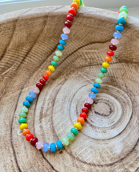 Candy Drop – Rainbow Necklace | Glass Rondelle & 18K Gold Plated Beaded Necklace with extender and clasp closure